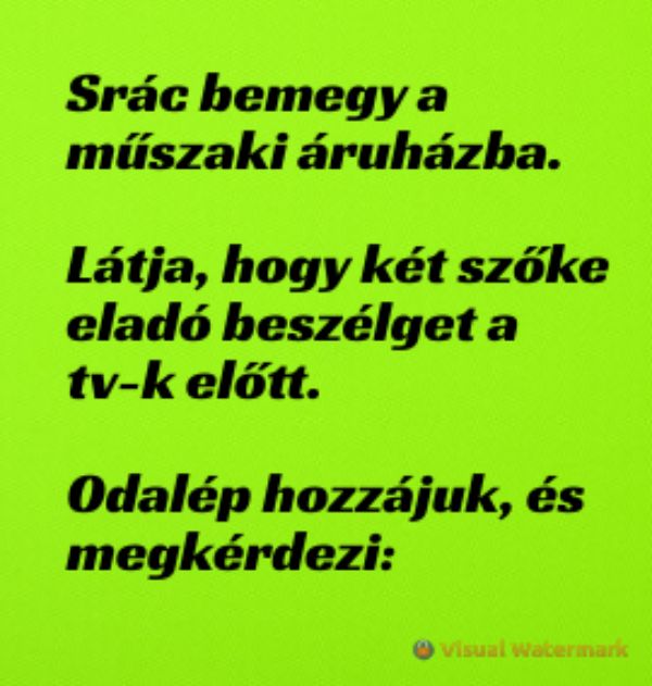 VICC: Srác bemegy a műszaki áruházba.  Látja, hogy két szőke eladó beszélget a tv-k előtt.