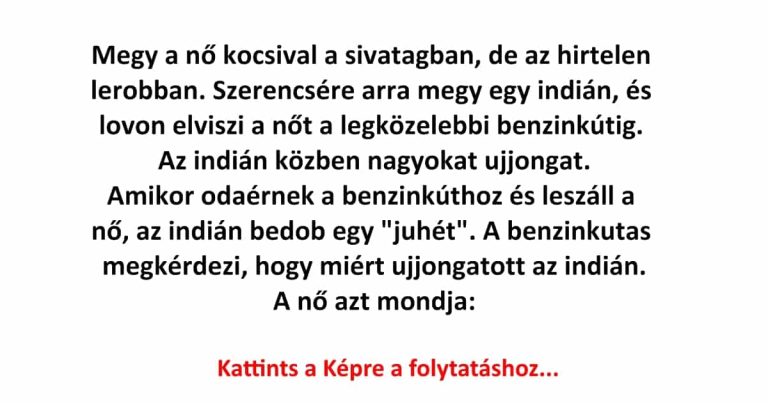 Megy a nő kocsival a sivatagban, de az hirtelen lerobban