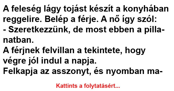A feleség lágy tojást készít a konyhában reggelire