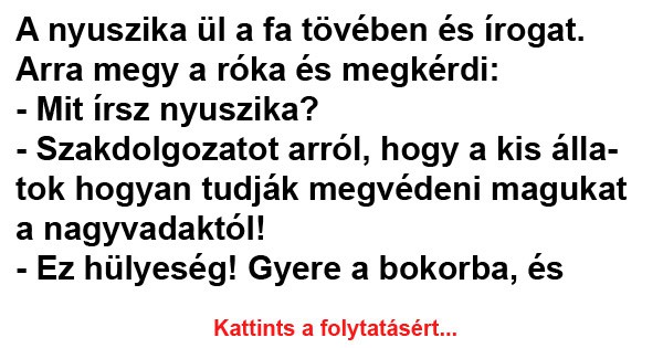 A nyuszika ül a fa tövében és írogat