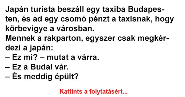 Japán turista beszáll egy taxiba Budapesten, és ad egy csomó pénzt a taxisnak, hogy körbevigye a városban.