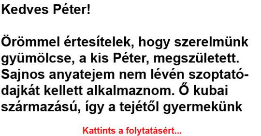 Kedves Péter! Örömmel értesítelek, hogy szerelmünk gyümölcse, a kis Péter, megszületett