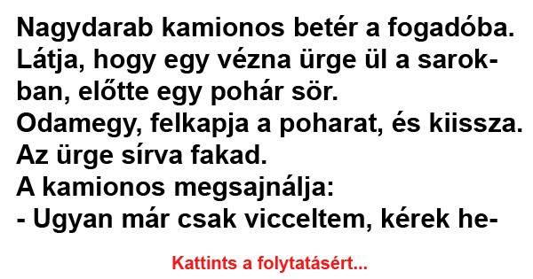 Nagydarab kamionos betér a fogadóba. Látja, hogy egy vézna ürge ül a sarokban, előtte egy pohár sör.