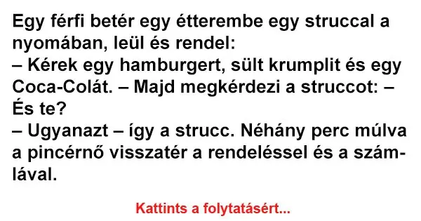 Egy férfi betér egy étterembe egy struccal a nyomában, leül és rendel