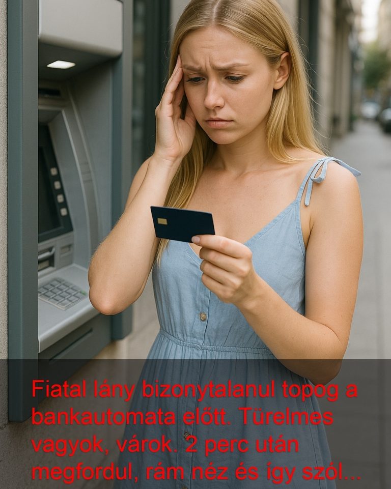 Egy fiatal lány áll a bankautomata előtt