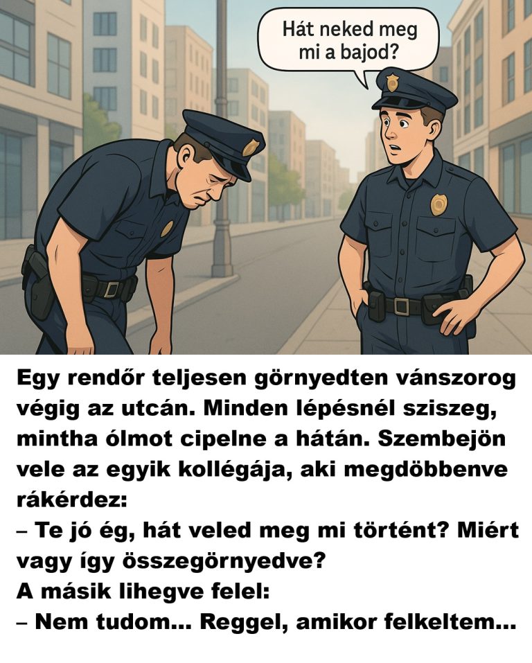 Egy rendőr teljesen görnyedten vánszorog végig az utcán
