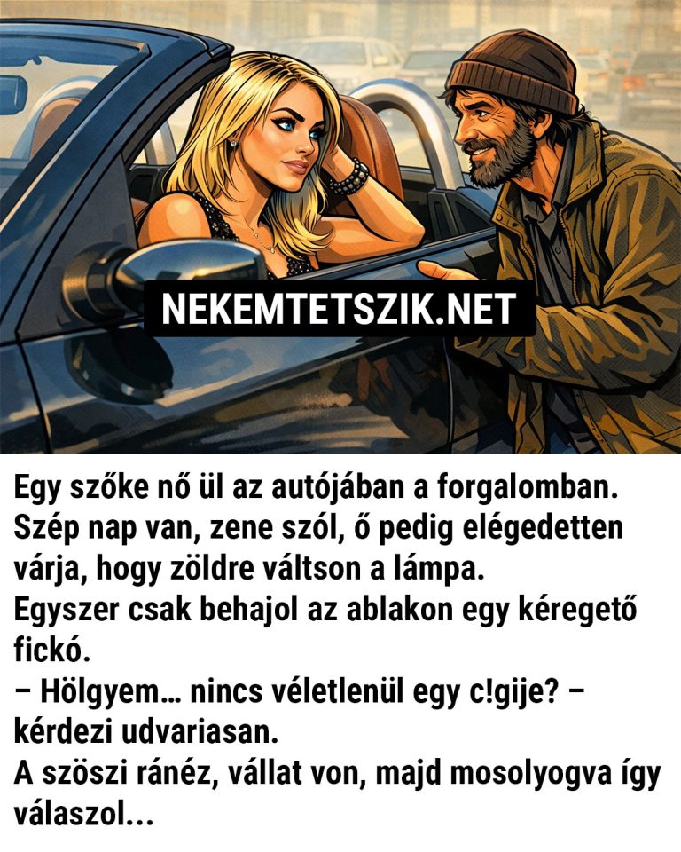 Egy szőke nő ül az autójában a városi forgalomban