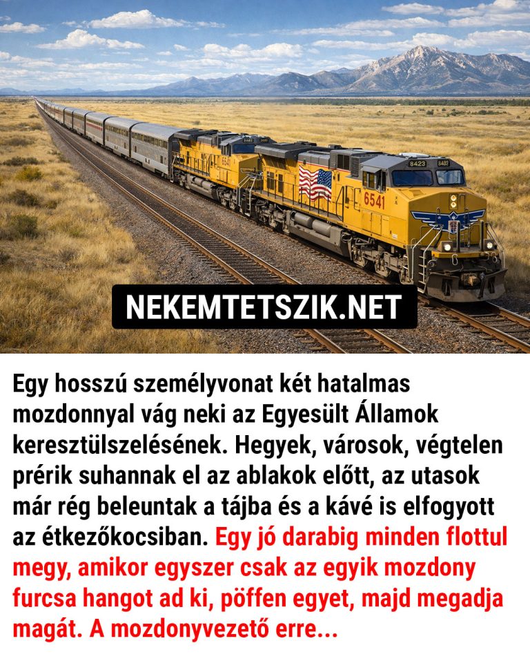 Egy hosszú személyvonat két hatalmas mozdonnyal vág neki