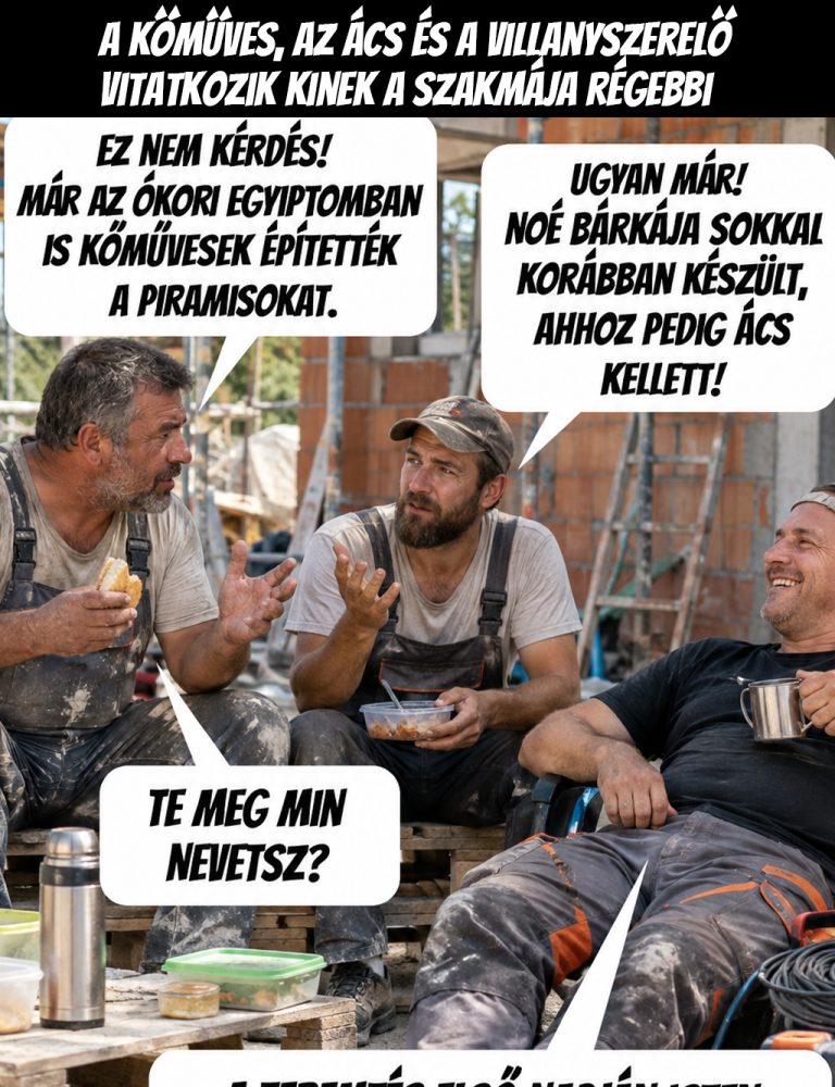 A kőműves, az ács és a villanyszerelő vitatkozik, kinek a szakmája régebbi